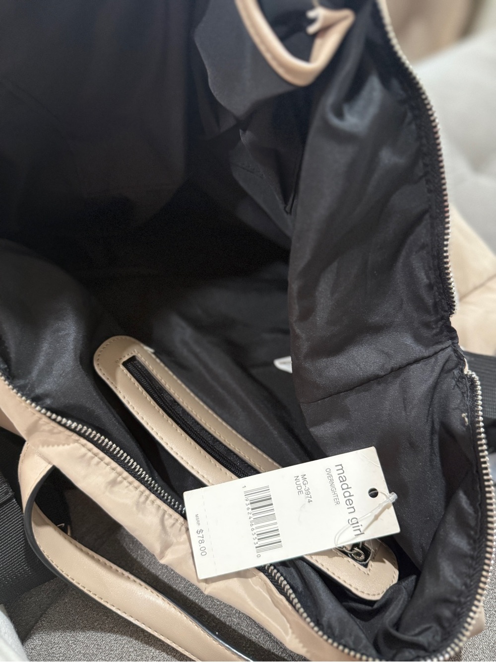Madden Girl Beige Weekender Bag with Black Interior